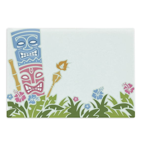 Tiki Bar Cutting Board, Surrounded by Fresh Vibrant Hibiscus Flowers Polynesian Print, Decorative Tempered Glass Cutting and Serving Board, Large Size, Pale Blue Pink Green, by Ambesonne