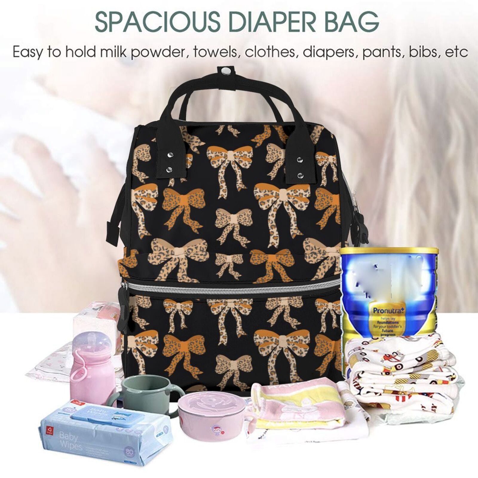 Fuzoiu Ribbon bows with leopard Print Diaper Bag Backpack,Baby Essentials Travel Tote,Multi function Waterproof Diaper Bag, Travel Essentials Baby Bag - Unisex
