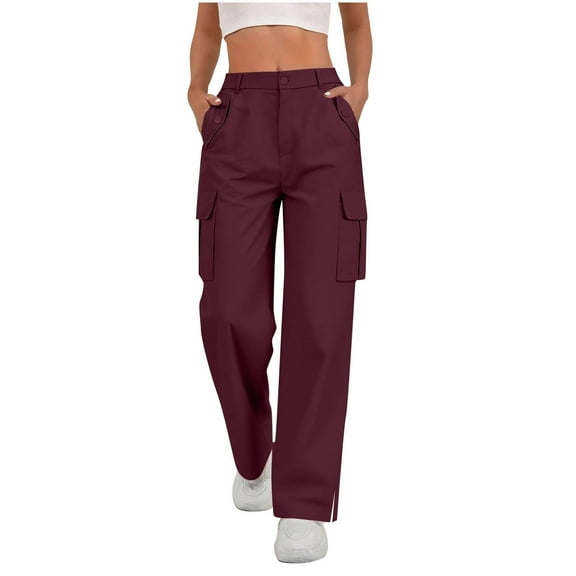 VBVC Women's Y2k High Waisted Cargo Pants,Ladies Wide Leg Trousers with Pockets,Streetwear Pants For Women,Wine,Size L