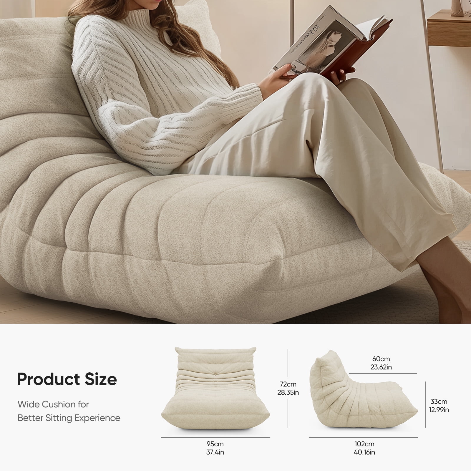 Raffle Pinker Giant Bean Bag Chair Lazy Floor Sofa, Memory Foam Fireside Sofa for Adults, for Living Room Bedroom Dorm Office, White
