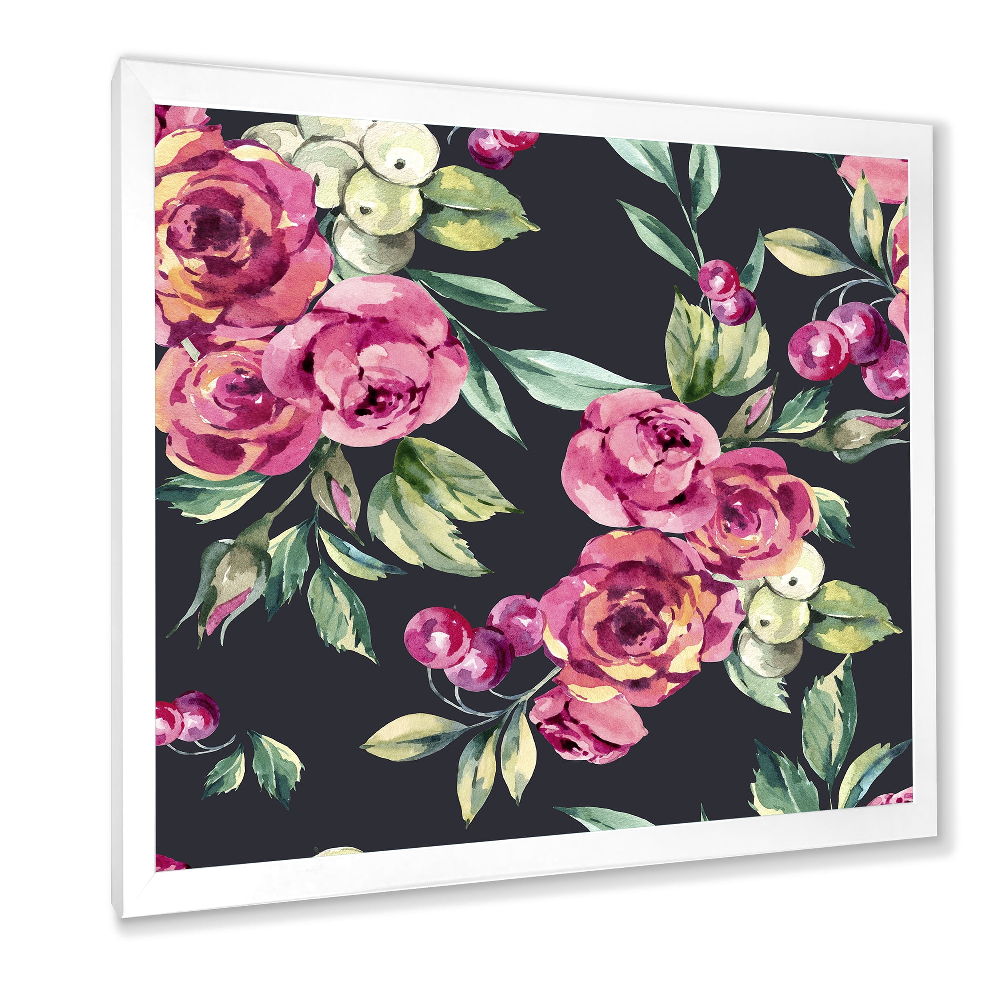 Designart 'Red VIntage Roses and Berries On Black Background' Farmhouse Framed Art Print