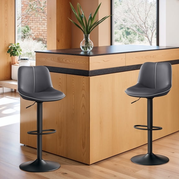 LEDREM Set of 2 Adjustable Height Swivel Bar Stools, Ergonomic Backrest, Synthetic Leather, Larger Metal Base, Modern Tall Chairs, Ink Black