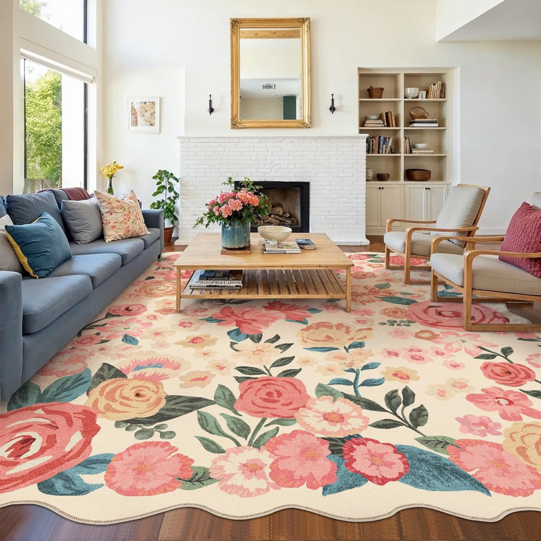 WIPONKEN 8x10 Floral Area Rugs Machine Washable Non-Slip Botanical Scalloped Rug for Living Room Bedroom, Modern Farmhouse Floor Mat with Vintage Flowers Pattern, Home Decor Indoor Low Pile Beige