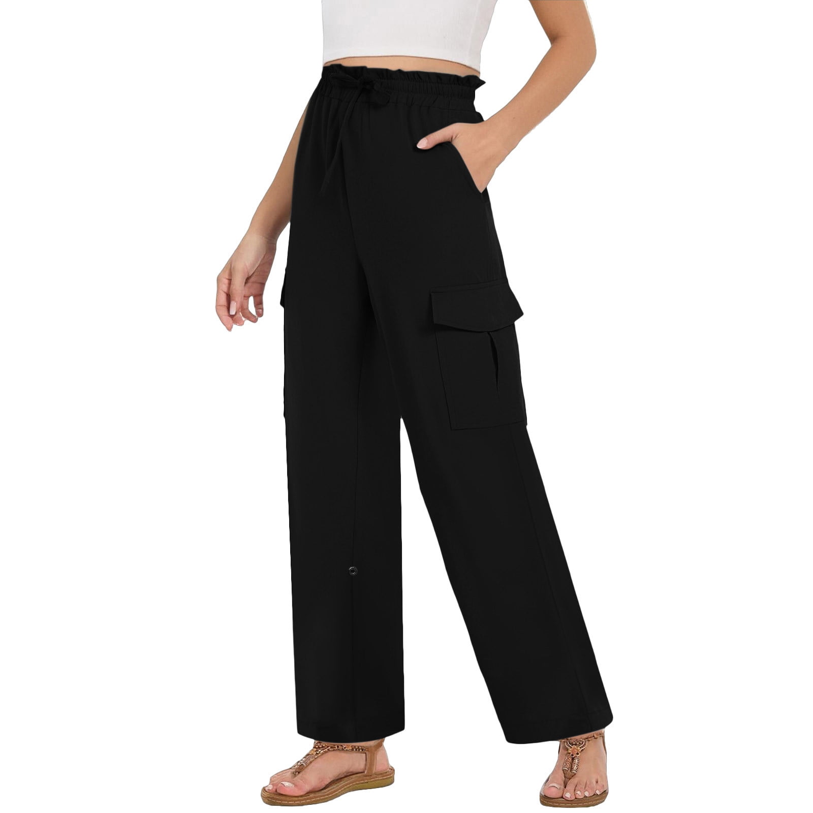 Womens Black Cargo Pants | 100% Polyester, Lightweight, Wrinkle Resistant, Elastic Waist, Multi-Pockets,Size XL - image 4