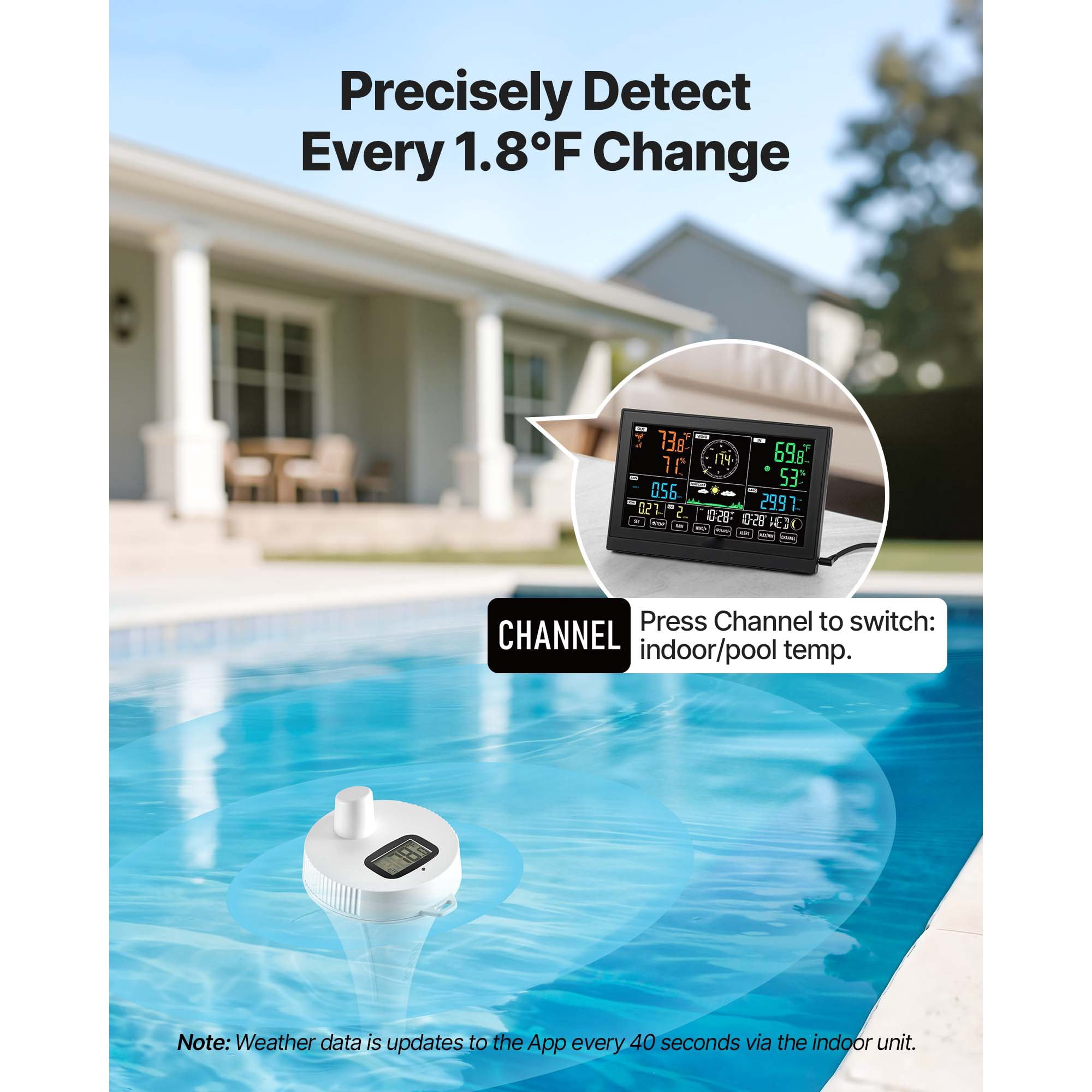KFFKFF 7-in-1 Wi-Fi Weather Station with App, 7.5-Inch Display, Solar-Powered Outdoor Sensor, Includes Pool Thermometer, Rain Gauge, Indoor and Outdoor Monitoring for Weather Updates, Wind Speed