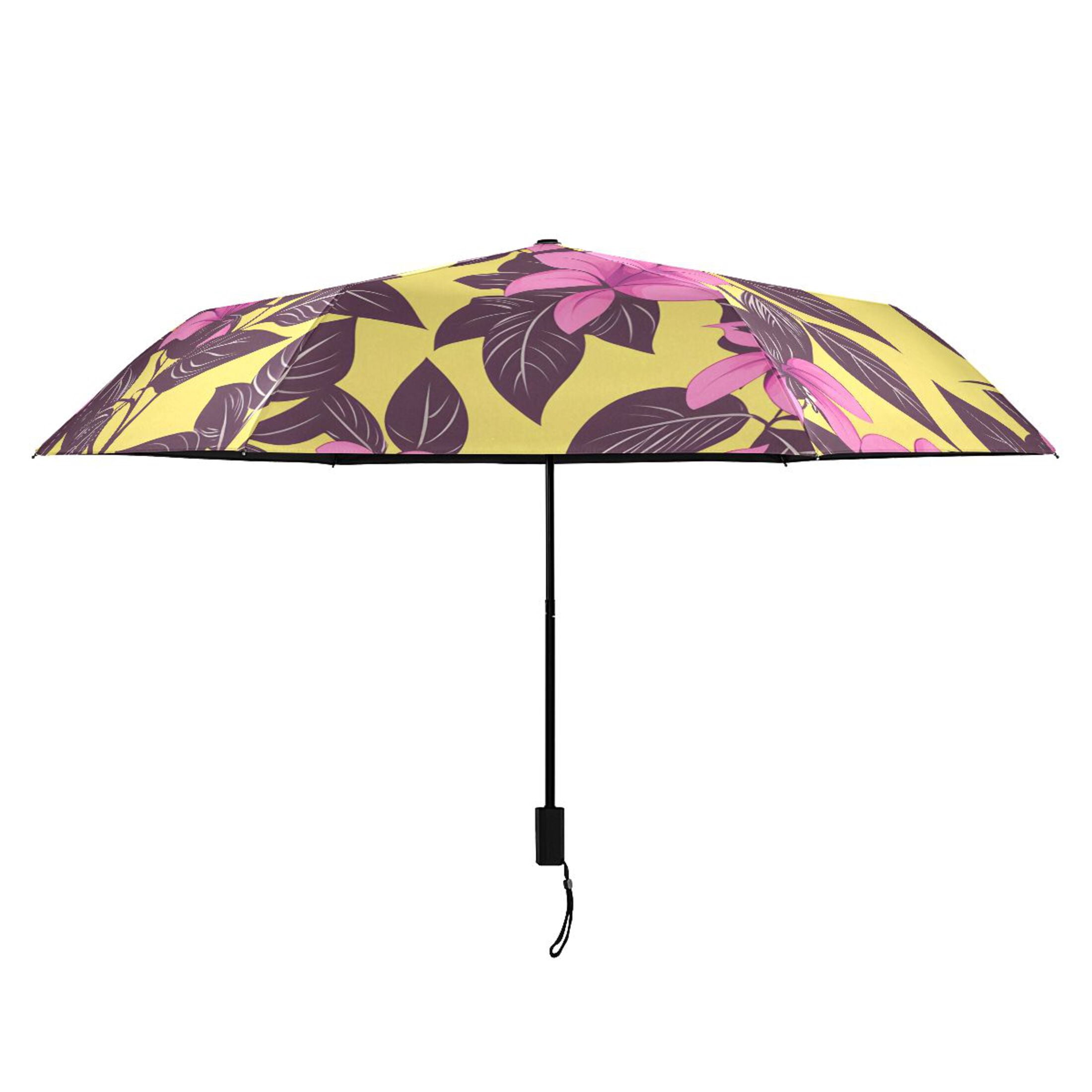 Magenta Flower and Purple Leaves Compact Sun Umbrella Windproof Travel Umbrellas for Rain Strong Portable UV Protection