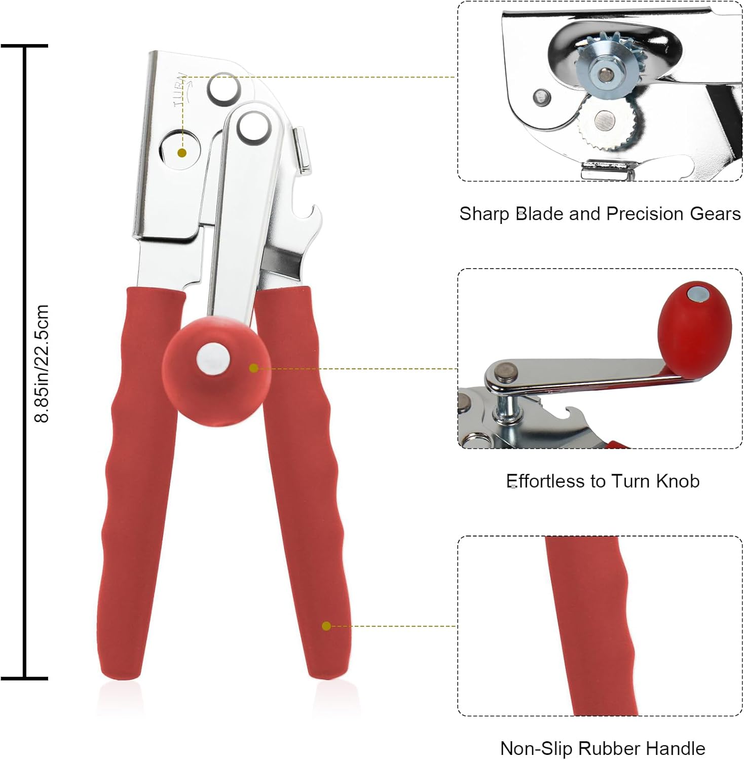 Commercial Can Opener, Hand Crank Manual Heavy Duty with Extra-long Handles, Oversized Knob, Large Handheld Open Easy for Big Cans, Red