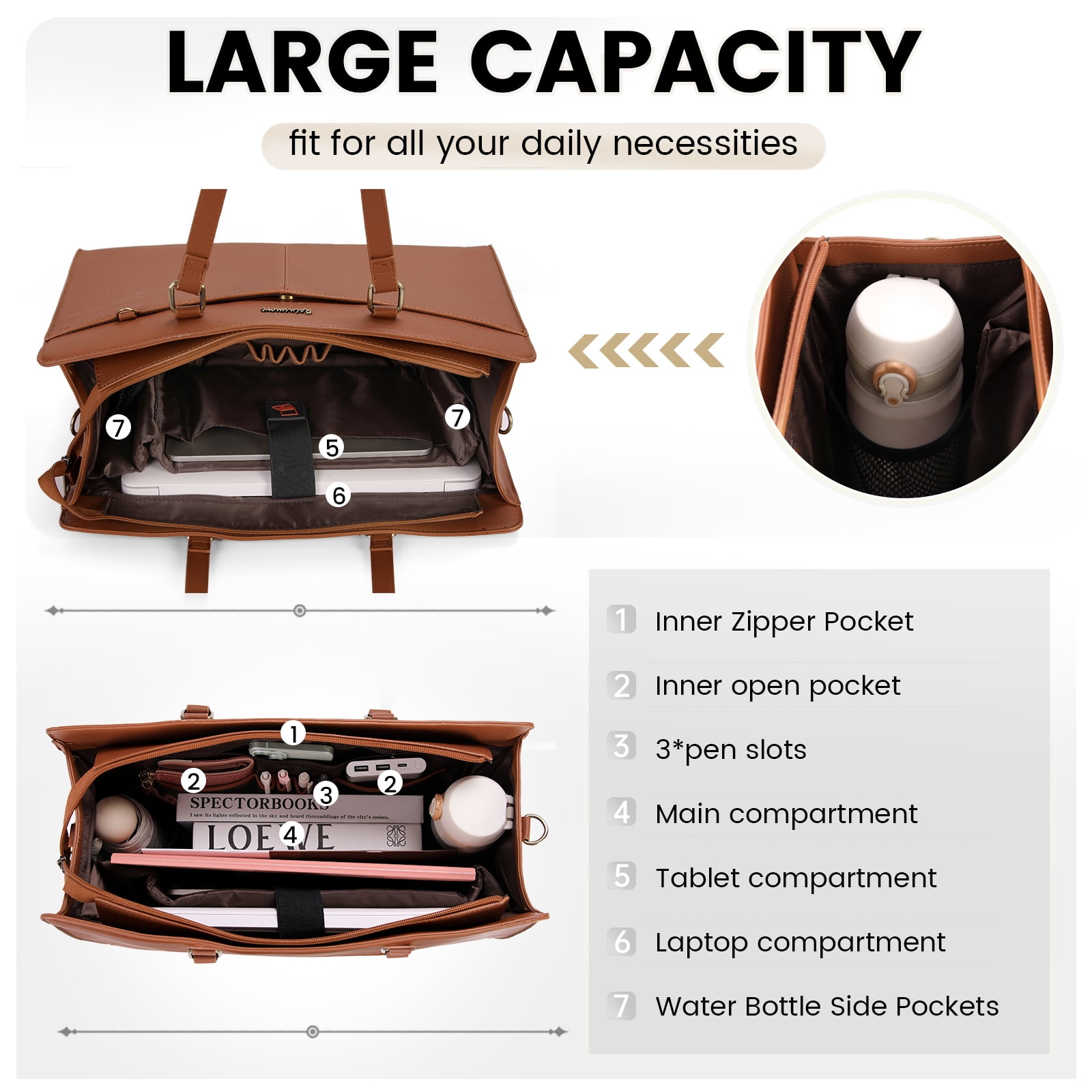 RAINSMORE Laptop Bag for Women 15.7 inch Laptop Tote Briefcase Waterproof Leather Computer Bag Work Tote Bags,Brown