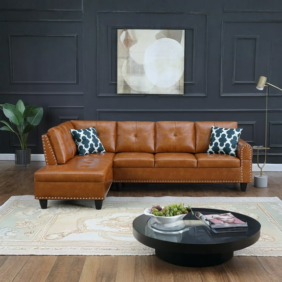 Hommoo L-Shaped Upholstered Sectional Sofa Couch with Storage & Cup Holders, Faux Leather Living Room Sofa Set, No Ottoman, Ginger