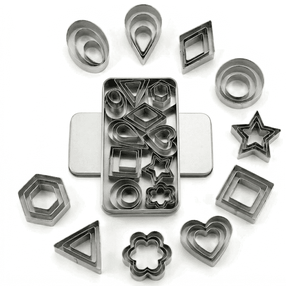 CNDRLEF Mini Cookie Cutters Set, 30 Pieces, 10 Shapes 3 Sizes, Stainless Steel Small Biscuit Cutters with Storage Tin for Baking, Fondant, Fruit