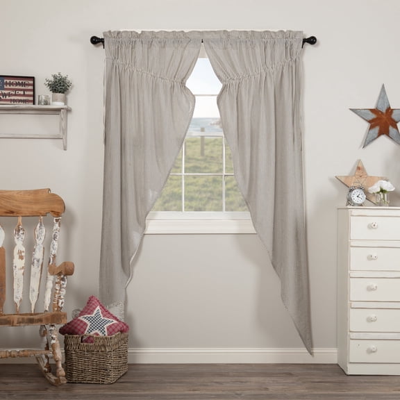 VHC Brands Hatteras Seersucker Ticking Striped Cotton Americana Curtains Rod Pocket Drawstring Ties Prairie Panel Pair, 84x36x18, Denim Blue