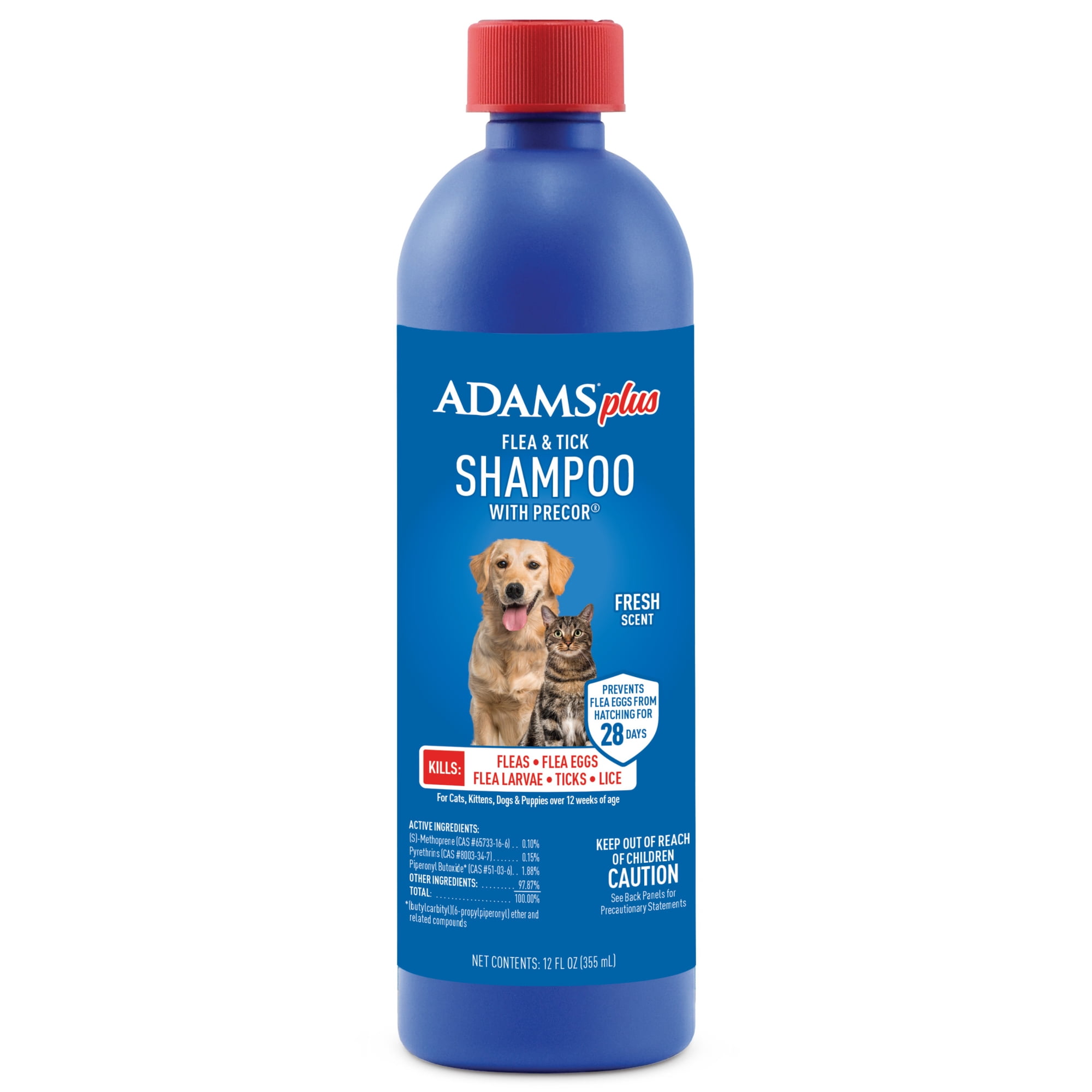 ADAMS Plus Flea & Tick Shampoo with Precor for Dogs, Cats, Puppies & Kittens, Flea Shampoo to Treat Flea Infestations, Kills Ticks, Fleas, Flea Eggs & Lice, Cleans and Conditions Coat, 12 fl oz