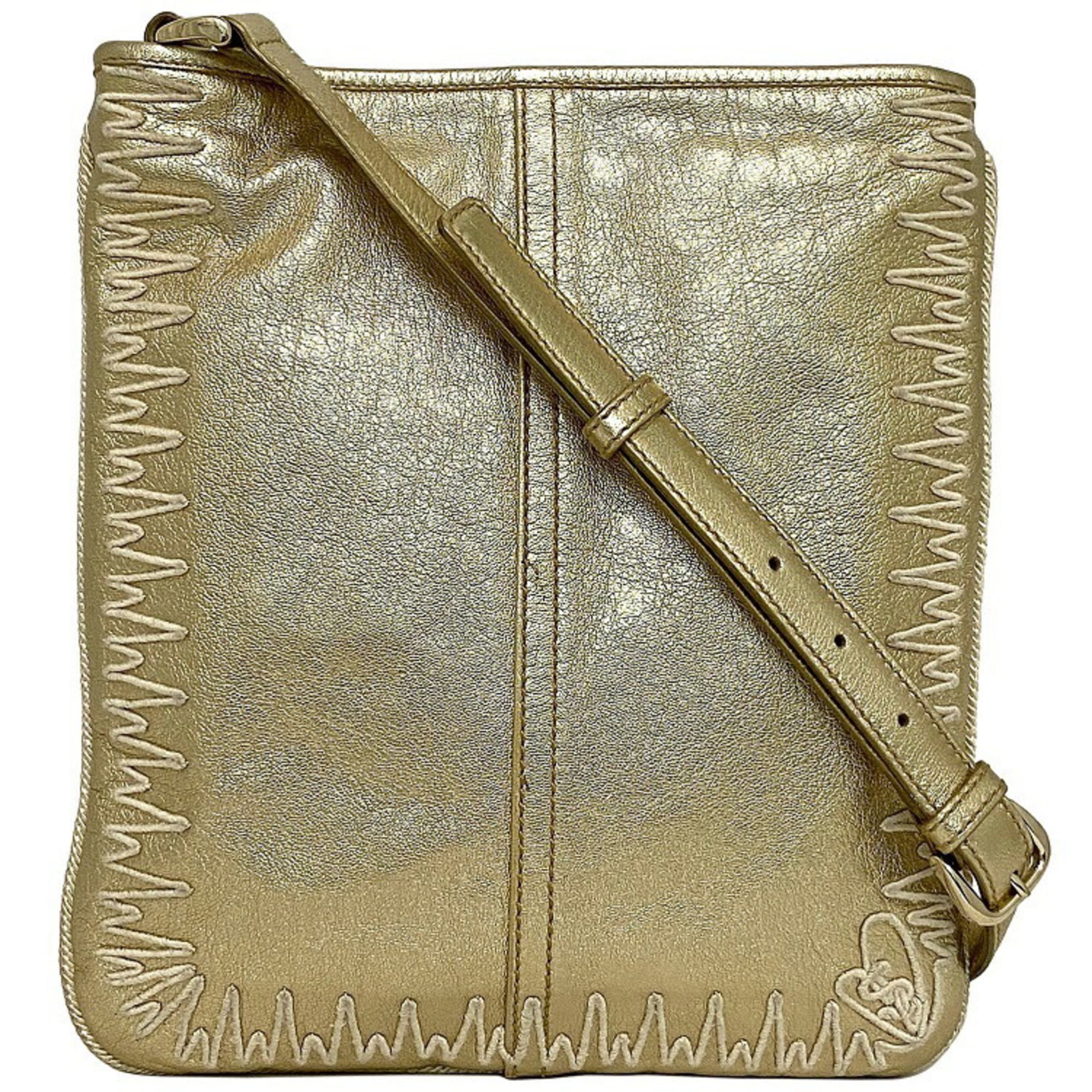 Authenticated Used Yves Saint Laurent shoulder bag gold leather YVES SAINT LAURENT embroidery adjustable ladies