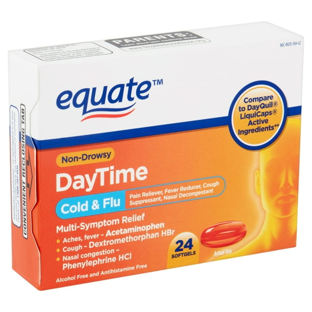 Equate Daytime Cold & Flu Liquid Caps; Cold Care for Daytime Cold and Flu ,24 Count Walmart