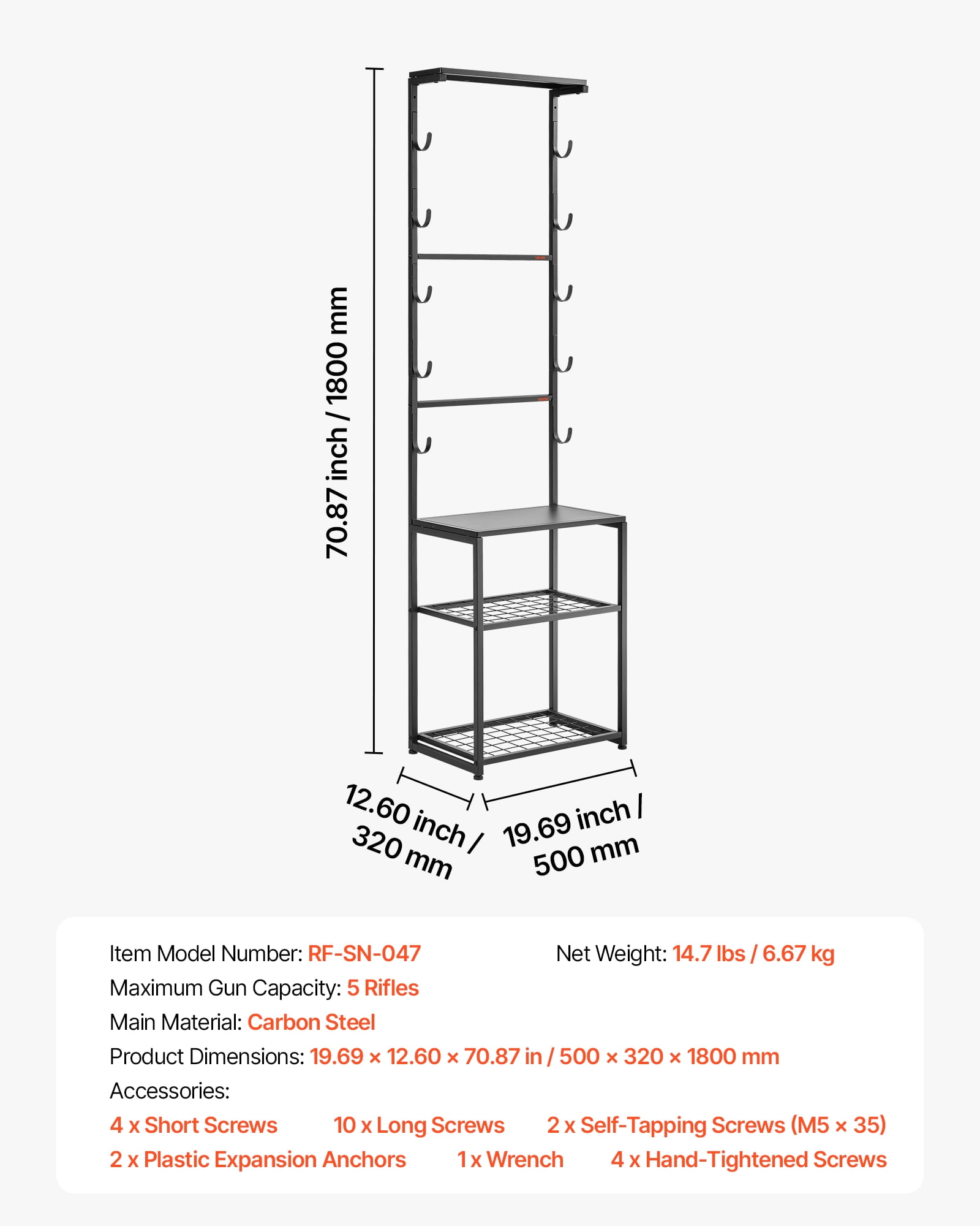 VEVOR Gun Rack, Floor Standing, Indoor Rifle Shotgun Rack Stand with Storage Shelf, for Wall Mount Gun Display Stand, Holds up to 5 Rifles, Heavy Duty Steel, for Home Garage Hunting Long Guns Storage
