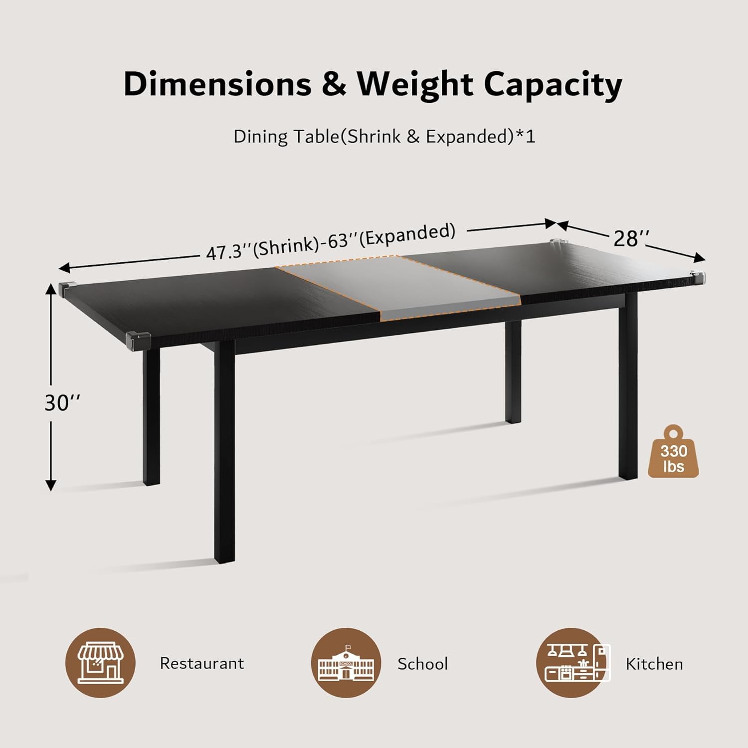 iPormis 63" Extendable Dining Table for 4-8, Square Wooden Dining Room Table with Metal Base, Modern Extendable Table for  Small Kitchens, Dining Office Areas, Black