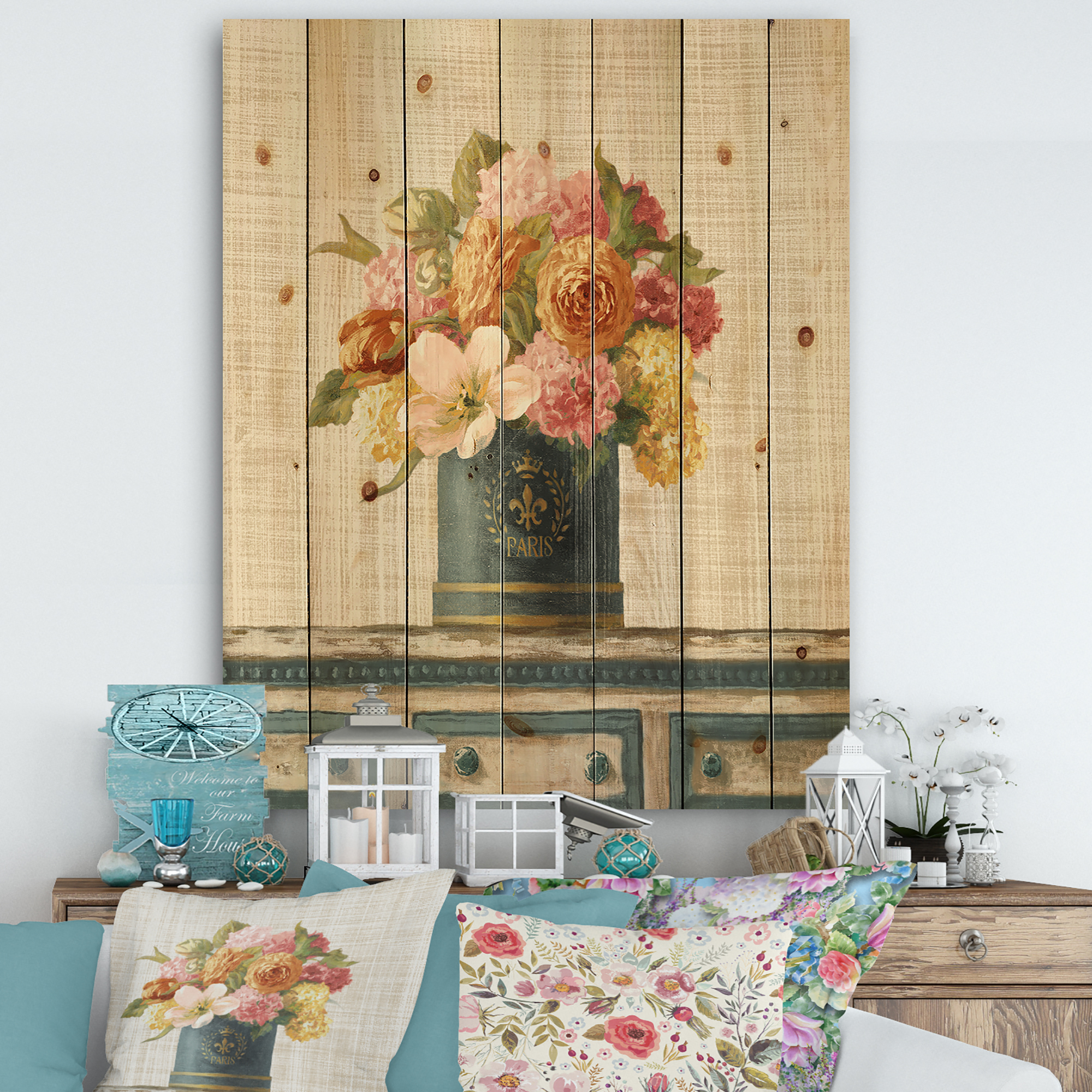 Designart 'Tulips in Gold and Teal and Hatbox on Linen' Cabin & Lodge Print on Natural Pine Wood