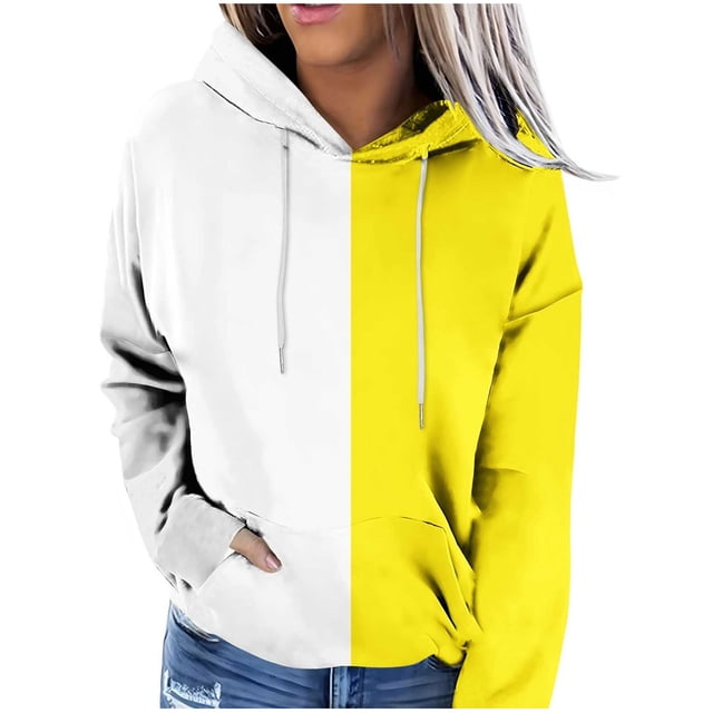 KIHOUT Chandails à Capuche Mode pour Femmes Manches Longues Imprimé en Blocs de Couleur Chandail Ample à Cordon de Serrage Automne Hiver avec Poche, Taille p-3TG