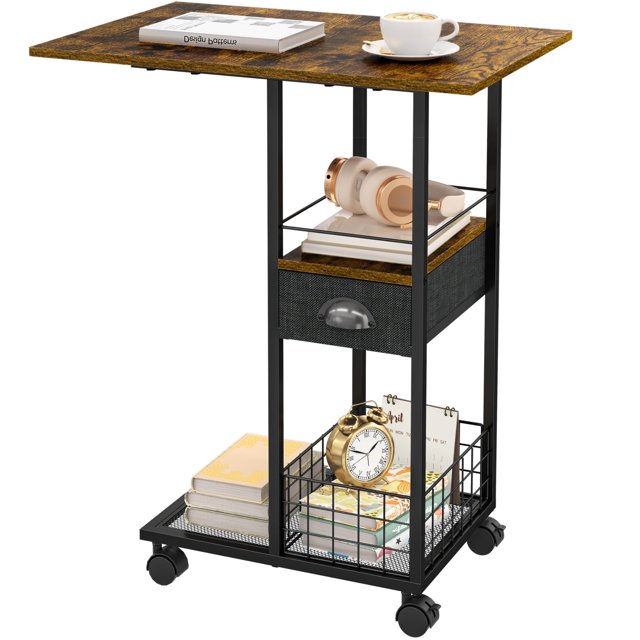 Mesa auxiliar Sonyabecca en forma de C con cajón y ruedas