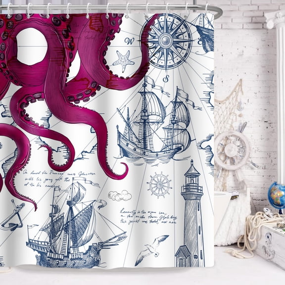 Purple Nautical Octopus Shower Curtain Ocean Anchor Coastal Map Fabric Bath Curtain Decor with Hooks,72"x72"