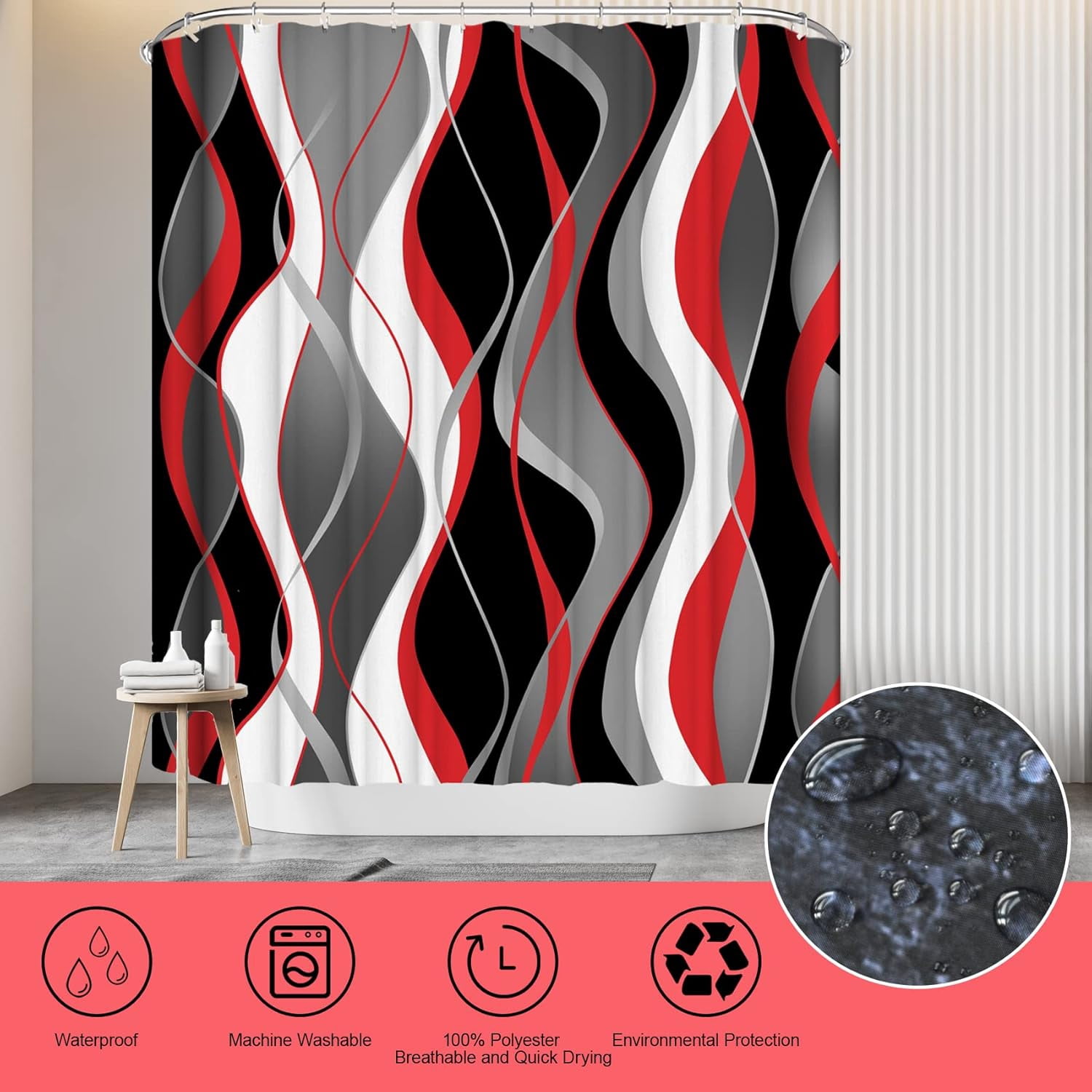 4Pcs Pink Shower Curtain Sets with Non-Slip Rugs, Toilet Lid Cover and Bath Mat, Black and Gray Bathroom Decor Set Accessories Fabric Waterproof Shower Curtains with 12 Hooks, 72 x 76 Inch