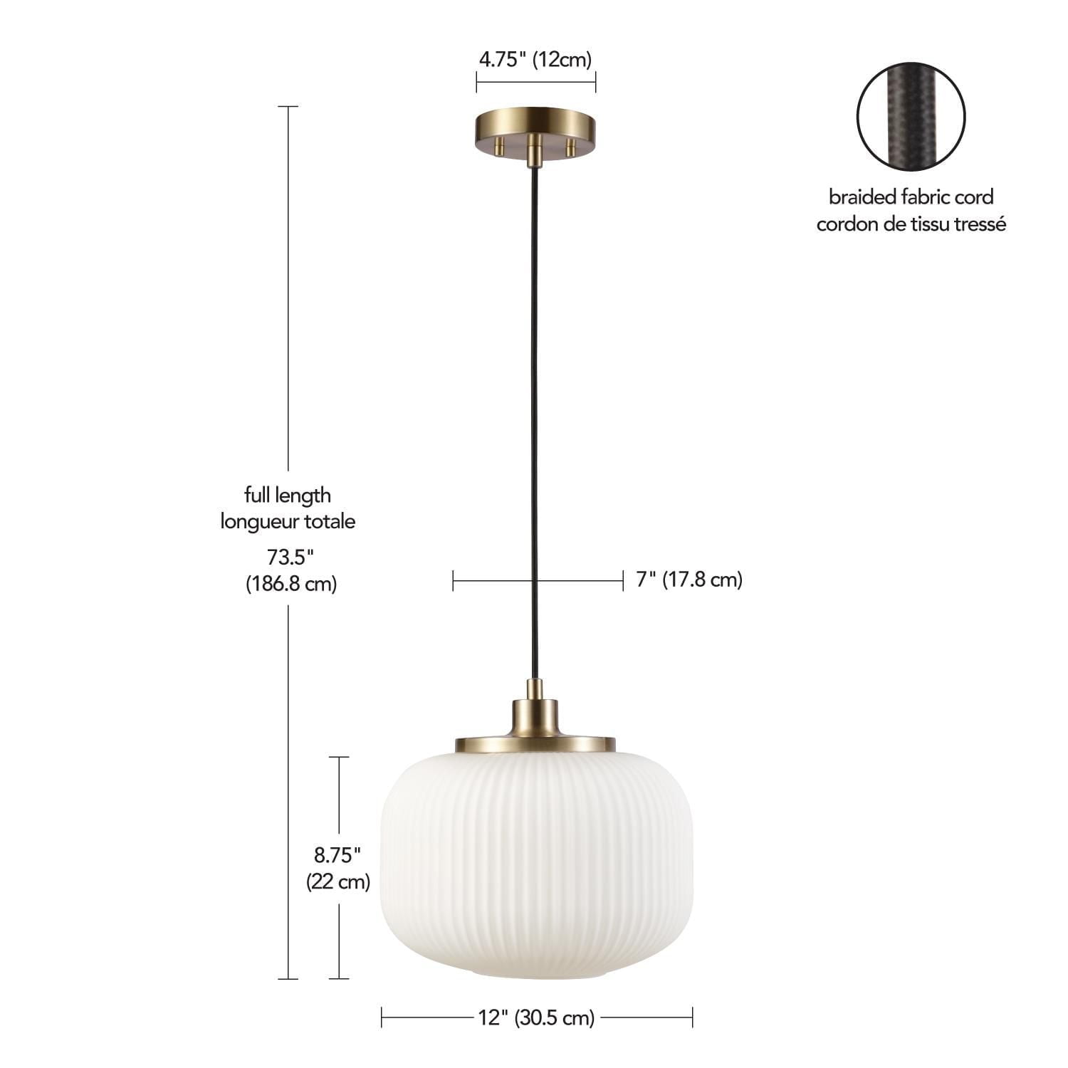 Novogratz x Globe Lily 1-Light Pendant Lighting, Matte Brass, Frosted Ribbed Glass Shade