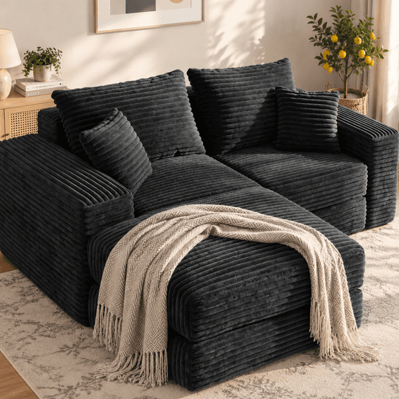 Crybaest 75" Corduroy L-Shaped Modular Sectional Sofa, Memory Foam Cloud Couch & Convertible Sofa Bed with Pillows, No Assembly Floor Sofa for Living Room, Small Space, Black