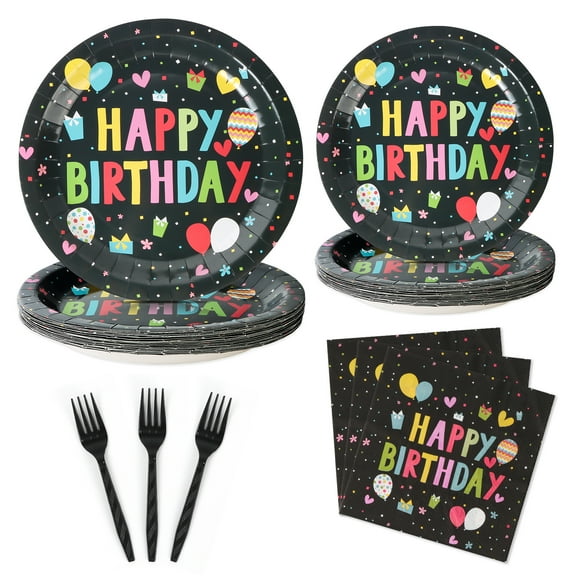 96 Pcs Birthday Plates and Napkins Party Supplies, Black Happy Birthday Party Paper Plates and Napkins Sets for Kids, Serve for 24 Guests, Black Coloful