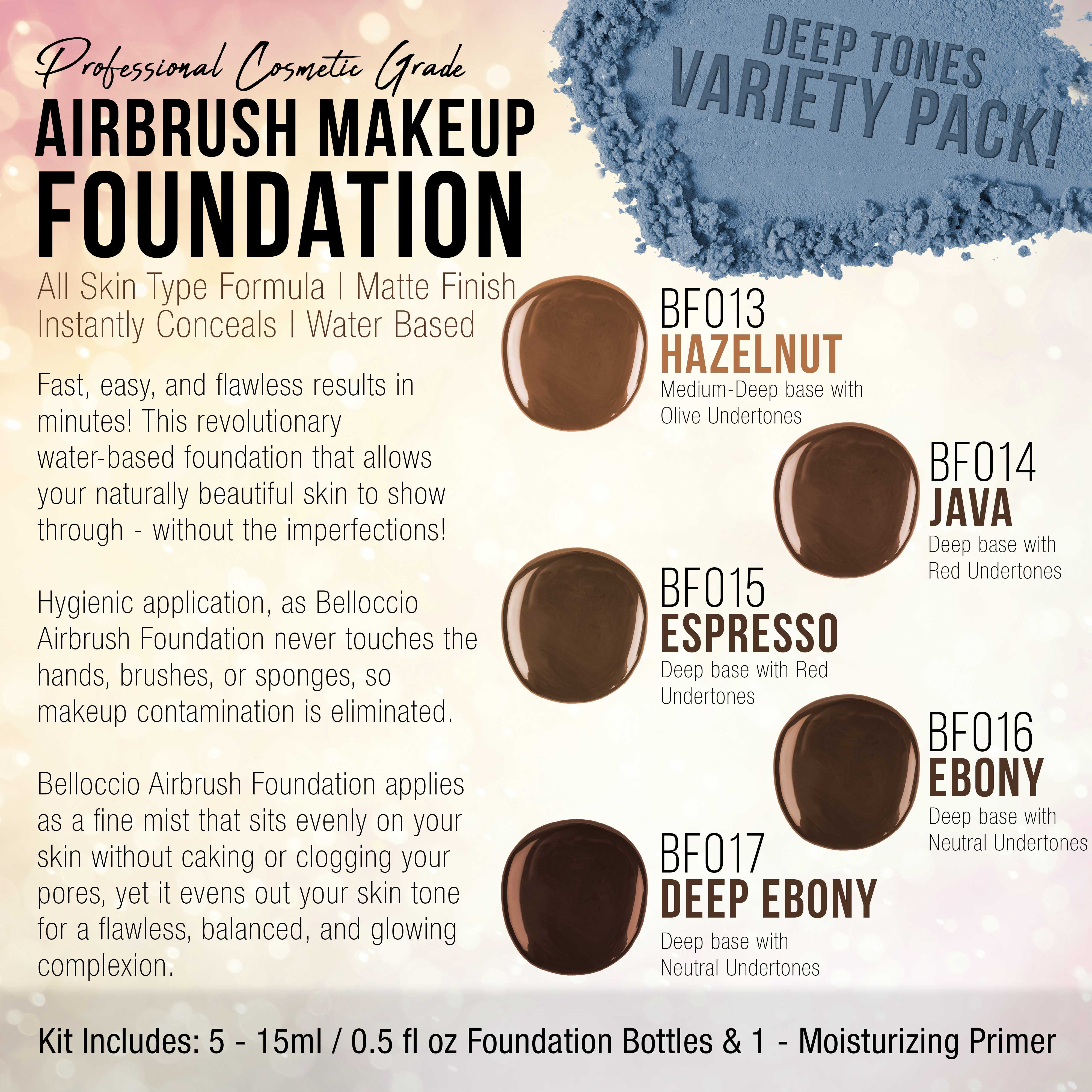 DARK Color Shade Airbrush Makeup Foundation Set of Belloccio's Professional Cosmetic Airbrush Makeup in 1/2 oz Bottles
