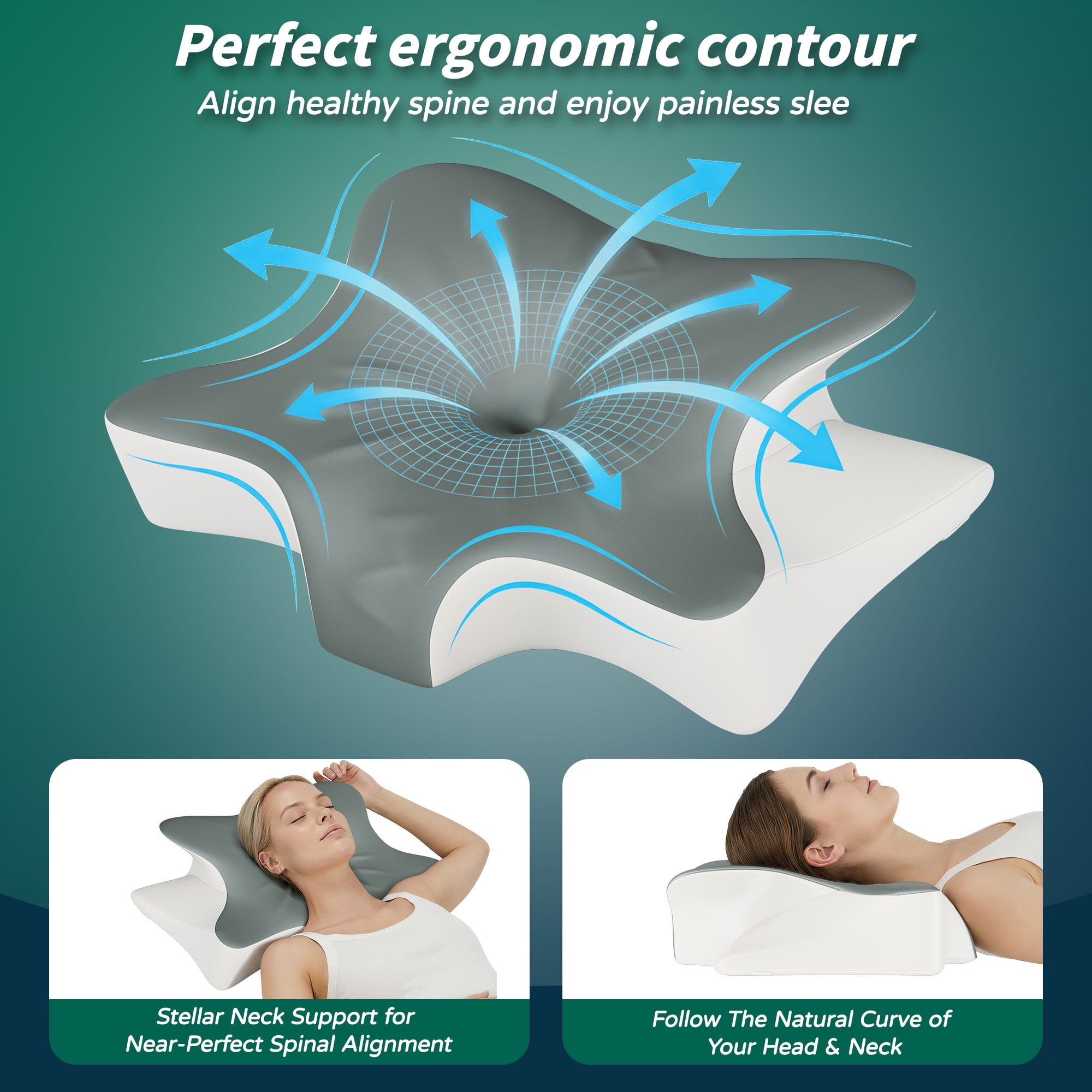 NEGYLIM Ergonomic Contour Neck Support for Neck Pain Relief, Side Back Stomach Sleepers, Gray