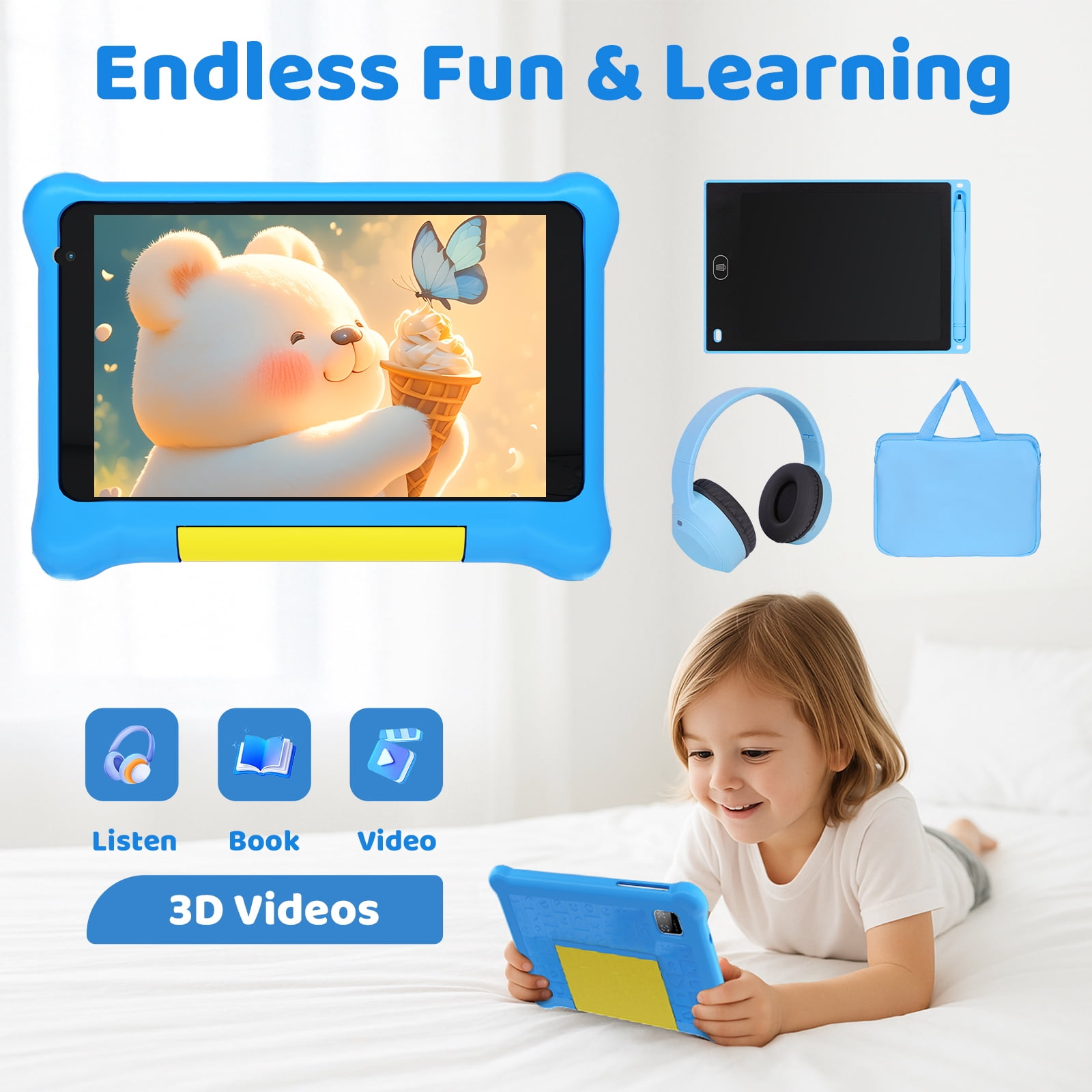 7" Kids Learning Tablet Bundle - Headphones, Stylus & Bag, Pre-Installed & Parental Controls,Android 13 allwinner Go Quad Core, 5GB RAM + 32GB ROM, 128GB Expansion-Blue