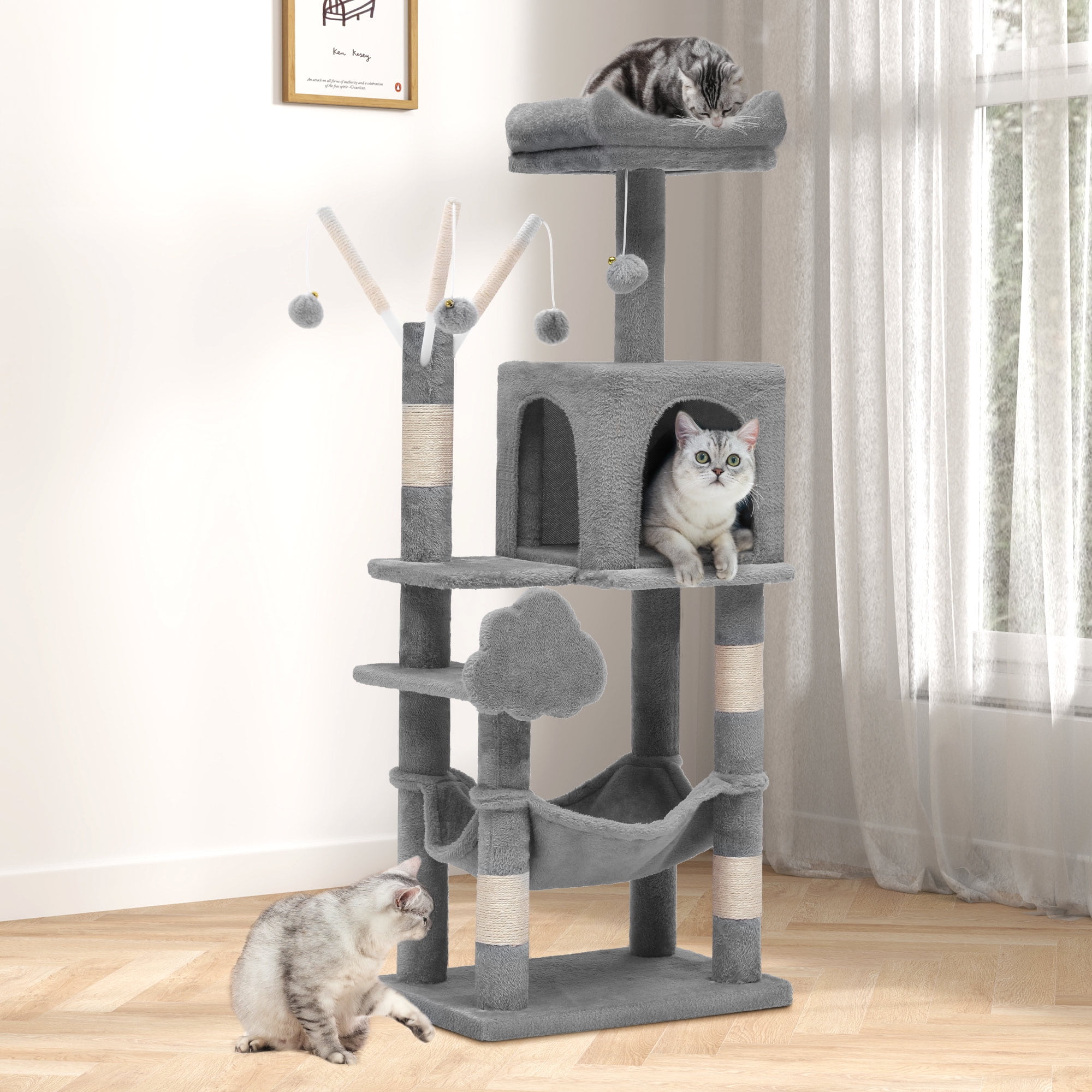 Uforic 44" Cat Tree Condo with Scratching Posts & Hammock, Indoor Pet Play Center, Light Gray