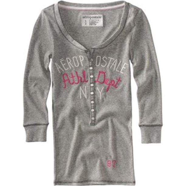 Aeropostale Womens Ribbed Athletic Dept Ny Henley Shirt, Gris, Small