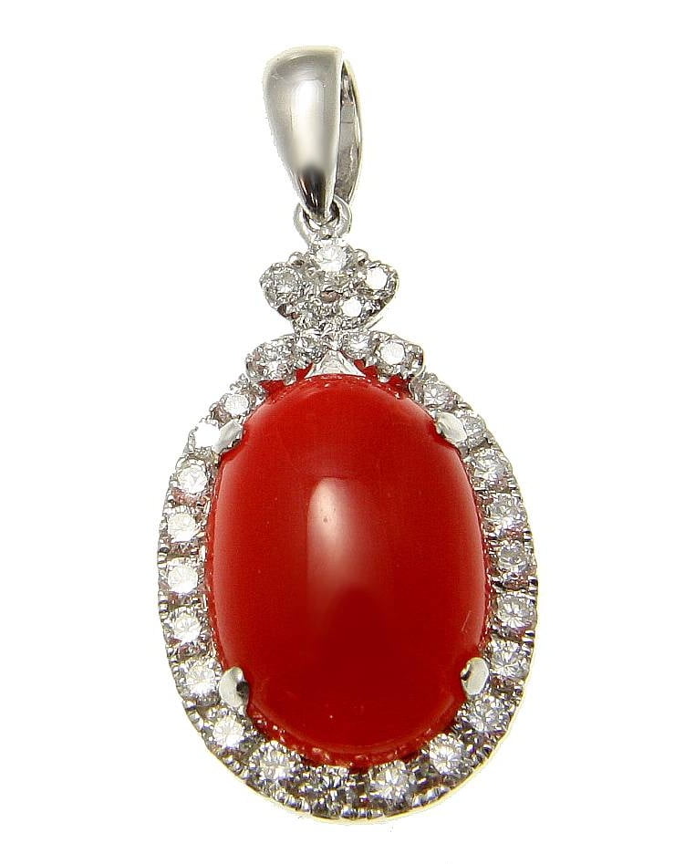 Genuine natural red coral diamond pendant set in solid 14k white gold 13.25mm by