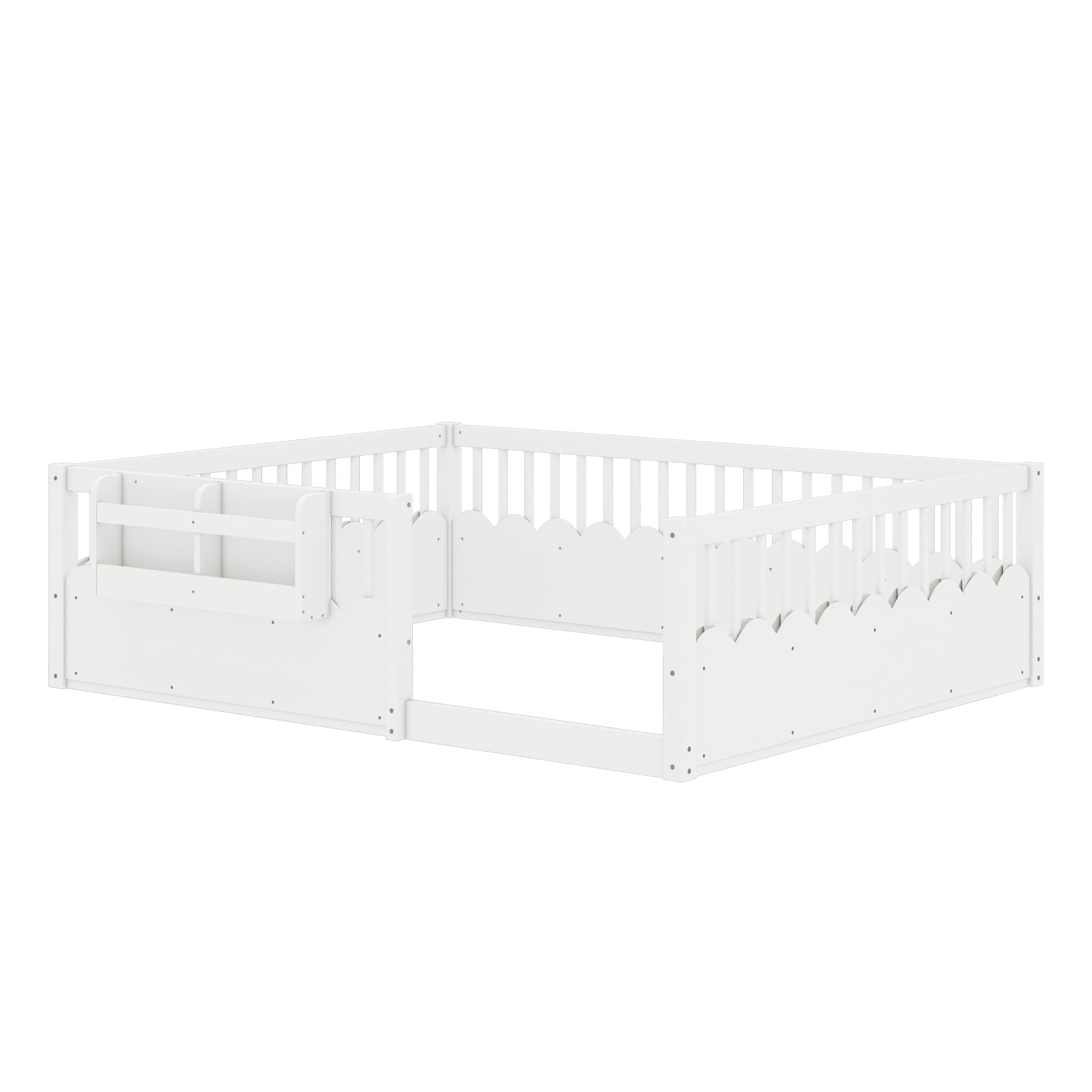 Mintazer Queen Montessori Floor Bed with Bookshelf & Heightened Fence, Kids Wood Floor Bed for Boys and Girls, White