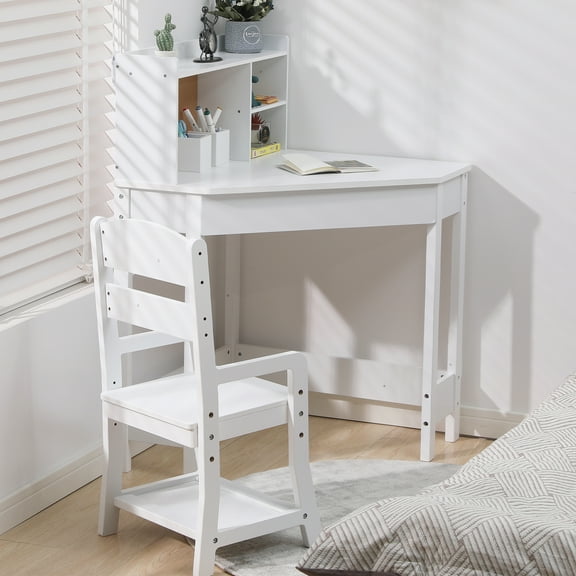 Kids Corner Study Desk Chair Set for Small Spaces, Wood Study Table with Adjustable Chair, Hutch, Corkboard, Pen Holder, Compact Children Homework Table Student Desk Set, White