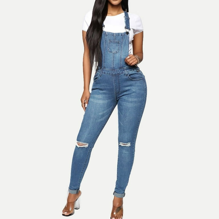 YWDJ Womens Jumpsuits Summer Romper With Pockets Denim Ripped