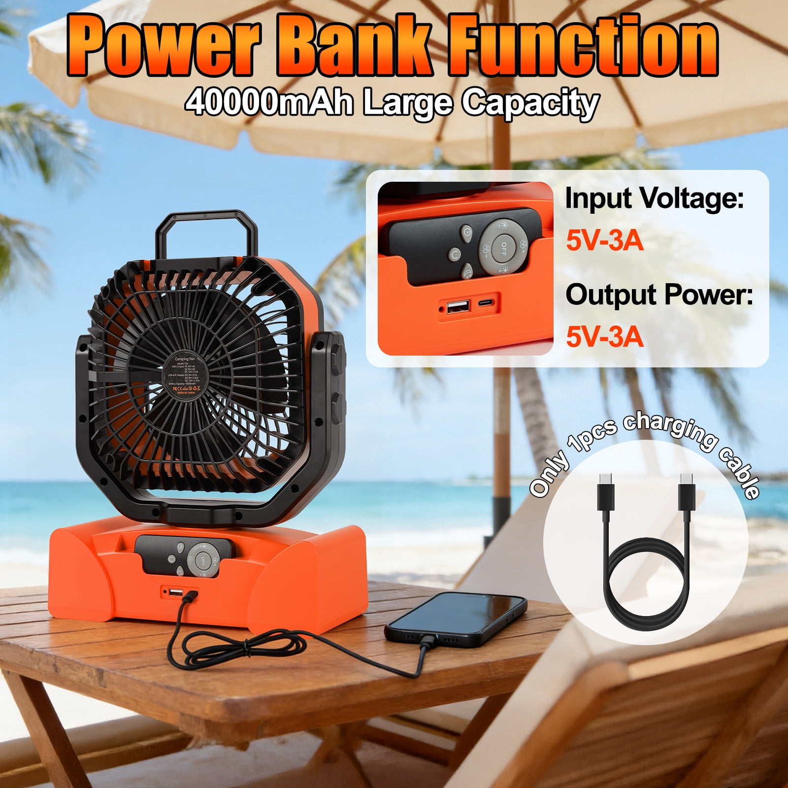 Camping Fan, 40000mAh Rechargeable Portable Fan with LED Lantern,Battery Powered Fan with 270°Head Rotation, 4 Speed Fan for Tents, Picnic, BBQ, Fishing, Outdoor