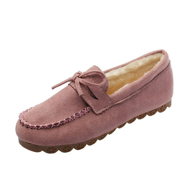 Zapatos de mujer de talla grande, zapatos de mamá con lazo, zapatos de mujer de otoño e invierno con suela suave, sin cordones, tacón plano, forro polar, zapatos cálidos para embarazadas