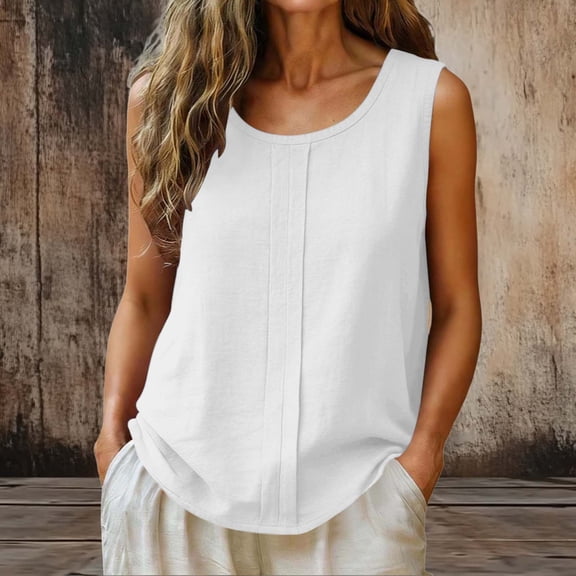Women Round Neck Tank Tops Casual Loose Fitting Cotton Linen Soft Breathable Sleeveless T-Shirt for Summer Vacation White XXL