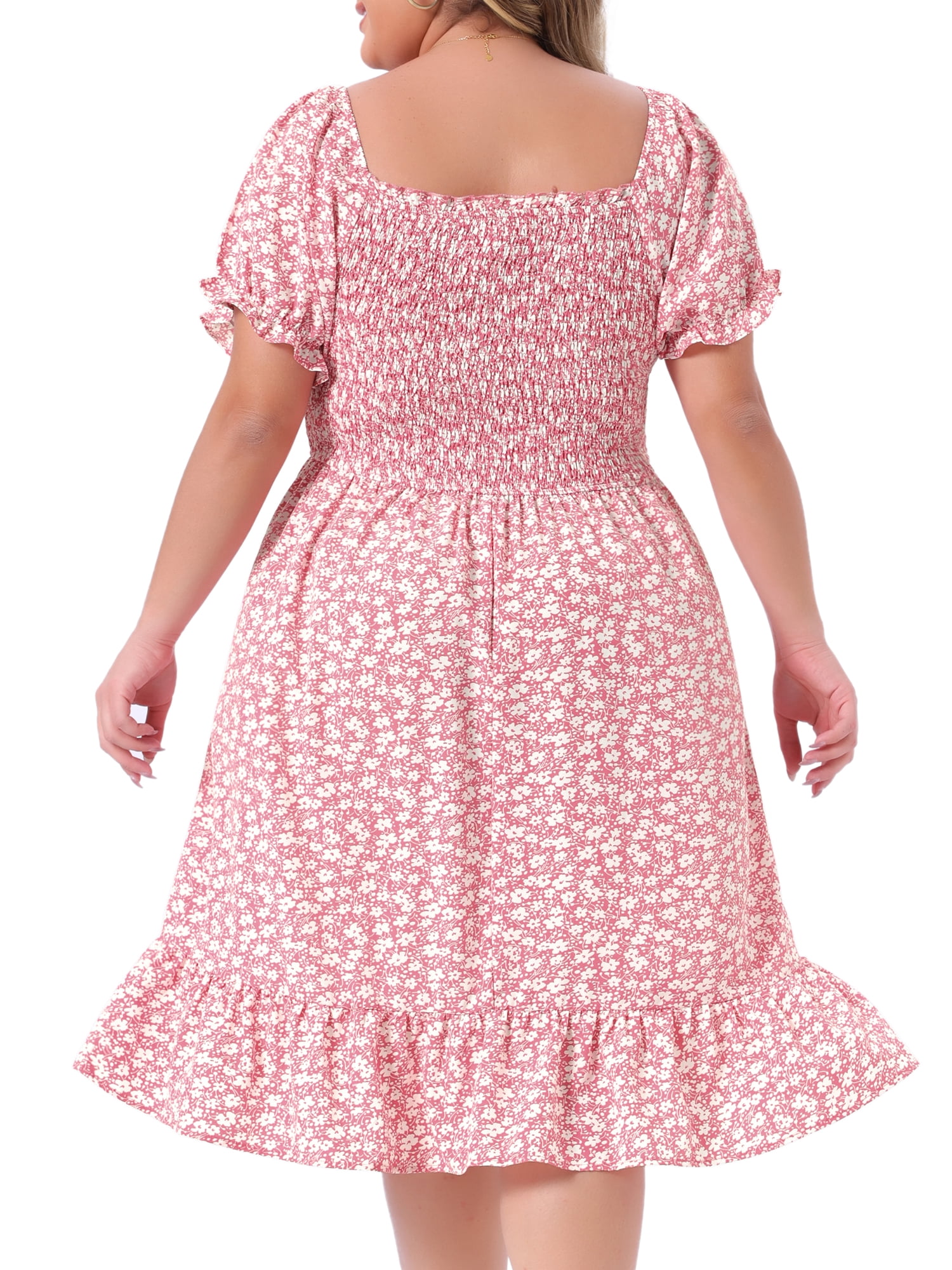 DARING DIVA Plus Size Flared Flowy Smock Ruffle Sleeve Floral Dress 1X Pink White
