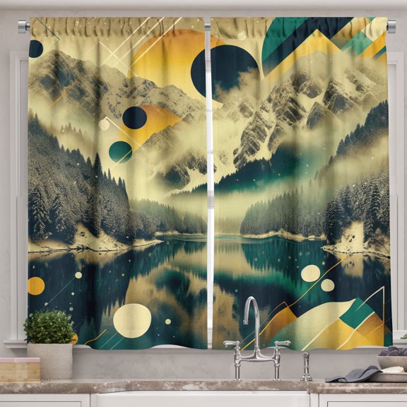 Ambesonne Lake Kitchen Curtains, Misty Lake Scenery Dark Woods, 55"x39", Emerald Pale Green Amber