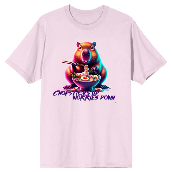 Capybara Chopsticks Up Worries Down Adult Cradle Pink Crew Neck Short Sleeve T-shirt-XXL
