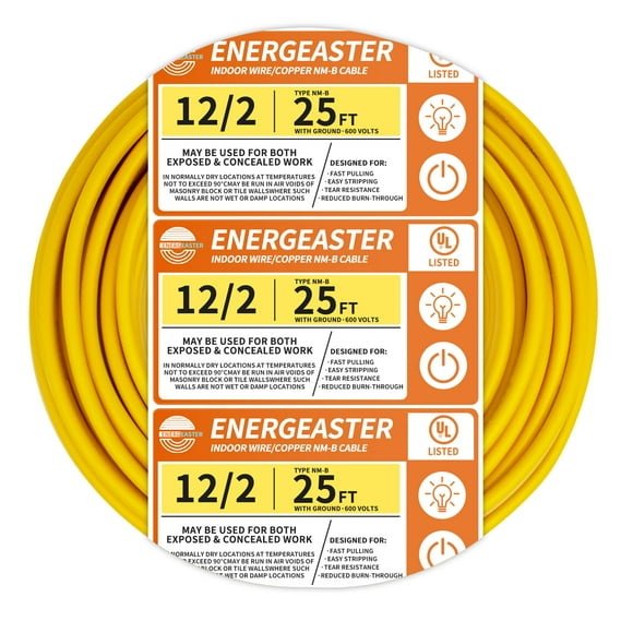 Energeaster Solid Indoor 12/2 W/G NMB Cable 25ft Coilï¼Electrical Wire 12 Gauge Wire 2 Conductors Non-Metallic with Ground Wire(Yellow)