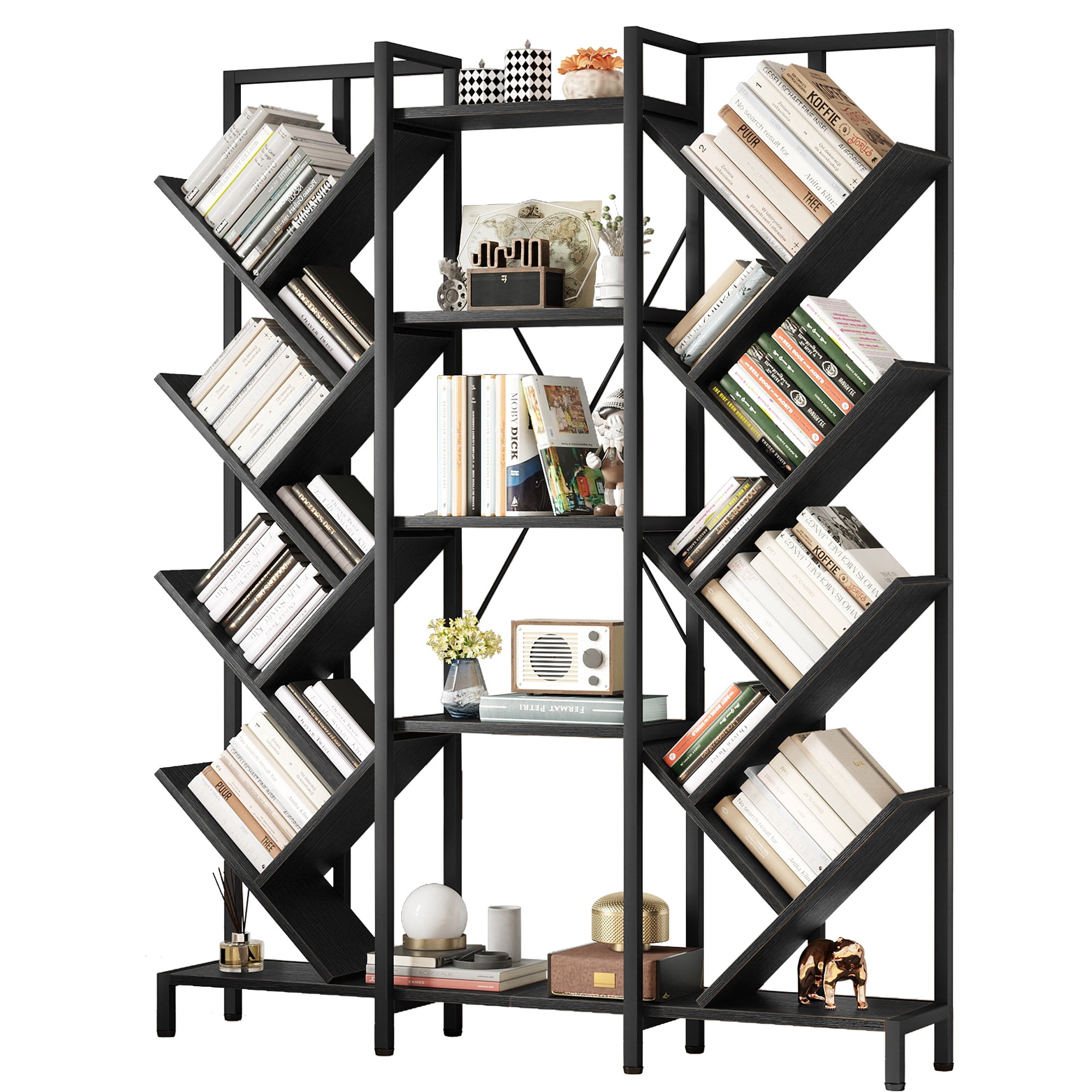Dextrus 5 Tier Tall Bookshelf, 70.8" Wide Tree Bookcase, Industrial Large Bookshelves, Etagere Storage Display Shelf for Living Room,Bedroom, Home Office, Black