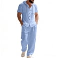 thumbnail image 4 of gbyLJF Men's 2 Pieces Cotton Linen Set Casual Short Sleeve Button Up Hoodie & Long Pants Beach Vacation Summer Outfits, 4 of 8