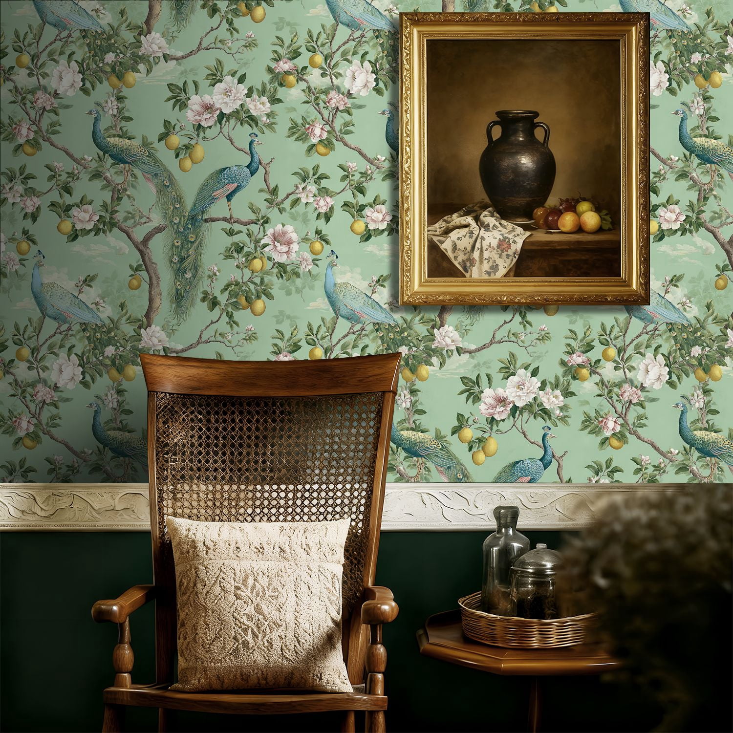 Boho Peel and Stick Wallpaper Peacock Floral Lemons Green Wall Mural 17.7in x 9.8ft Self Adhesive Removable Wall Paper Renter Friendly Wallpaper for Bedroom Kitchen Farm