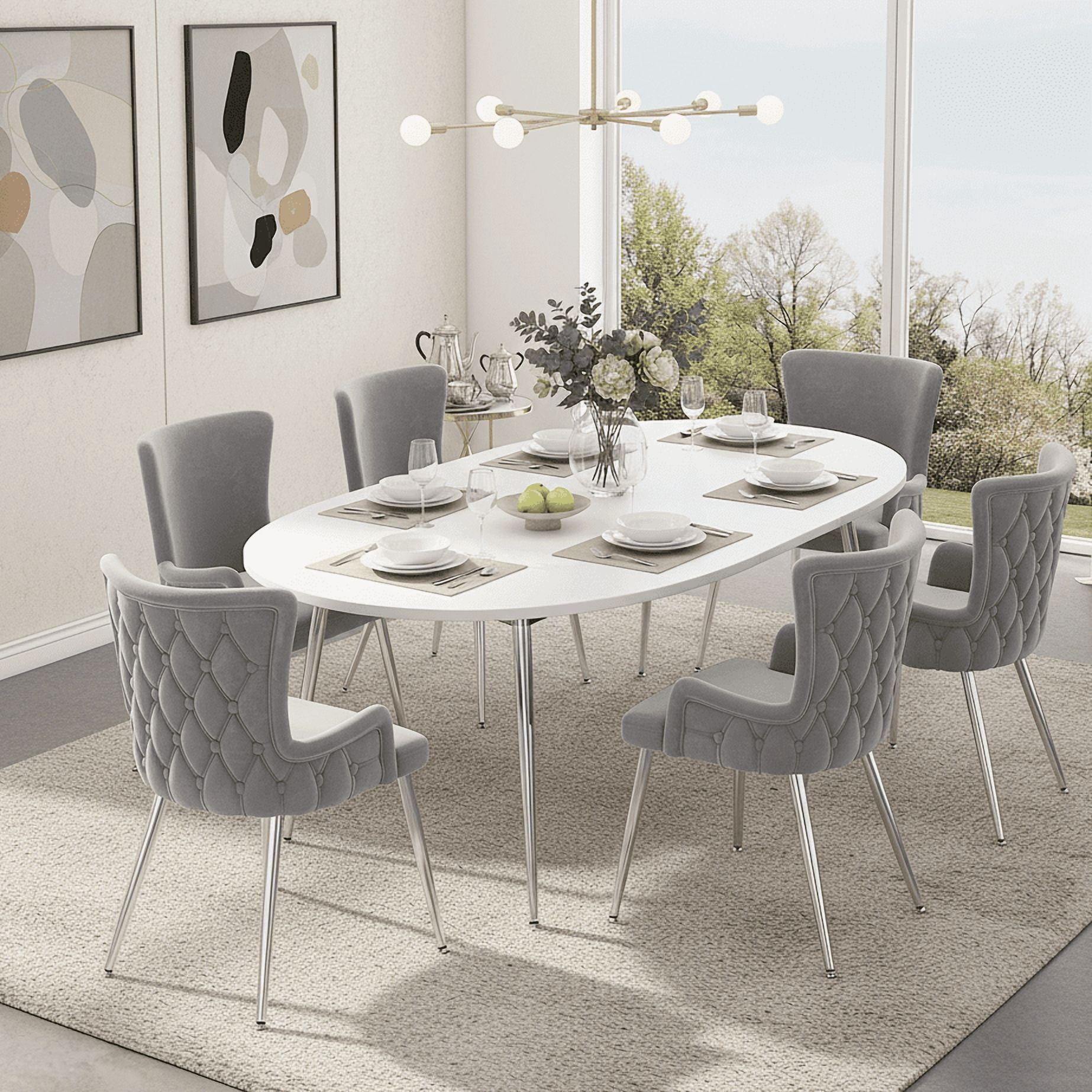 Noble House Set of 6, Velvet Dining Chairs, Light Luxury Tufted Chair with Four Gold Metal Legs,Gray