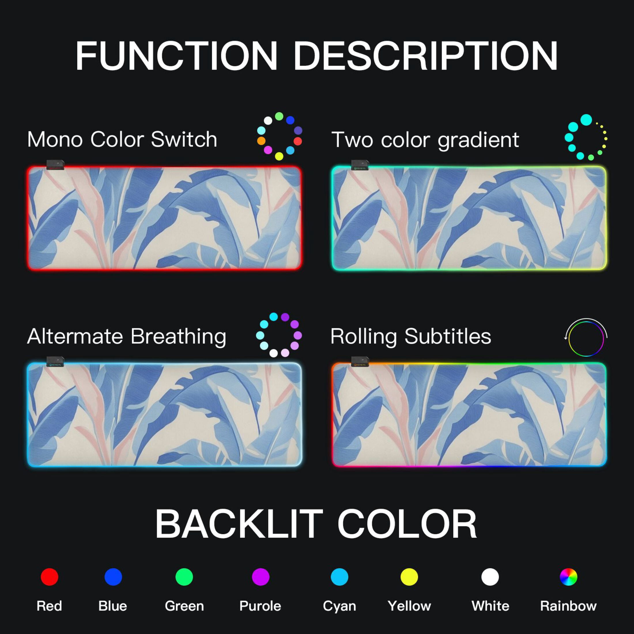 Light Blue Banana Leaf RGB Gaming Mouse Pad Large Keyboard Mat Rubber Base 13 Light Modes
