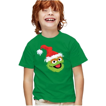 Sesame Street Scribble Christmas Oscar The Grouch Kids T Shirt for Youth Boys and Girls, Kelly Green, X-Large